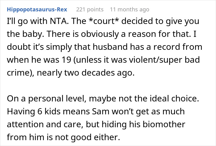 Reddit comment discussing court decision in adoption case and family dynamics.