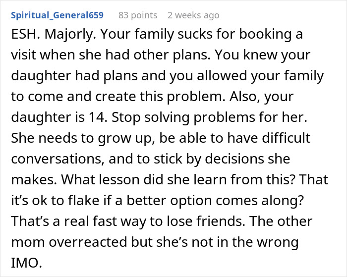 Reddit comment discussing parenting priorities and family trip over daughter's plans with friends.