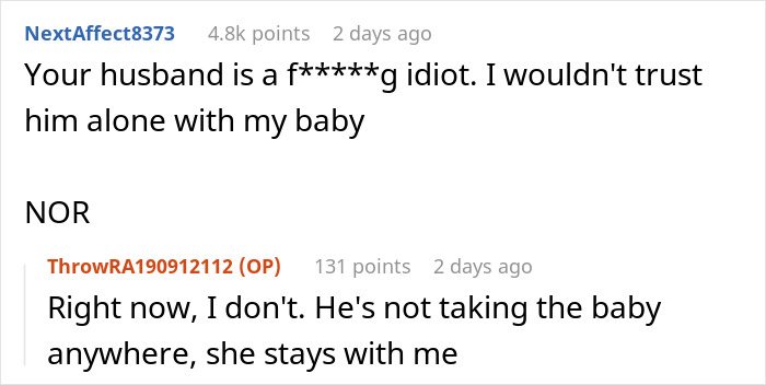 Reddit comments criticizing a husband's prank that endangered his wife's life, discussing trust issues with their baby.