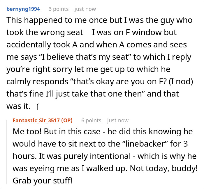 Reddit comments about man trying to guilt-trip a woman over seating arrangement on a plane.