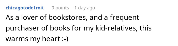 Text discussing love for bookstores and buying books for kids.