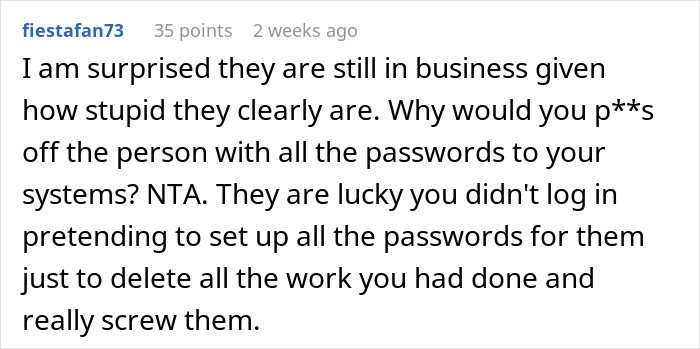 Text comment about a company's decision to fire an employee, mentioning password control issues and business survival doubts.