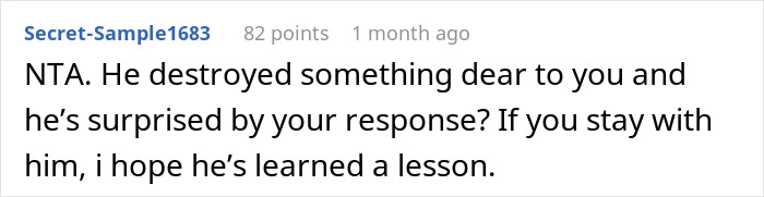 Reddit comment discussing a boyfriend "fixing" artwork, expressing support for the woman's reaction.