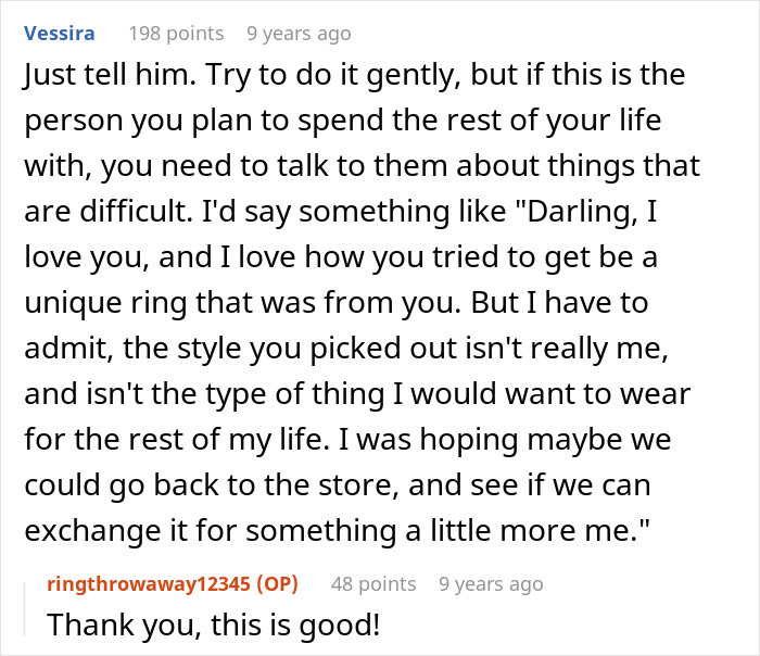 Reddit comment giving advice on addressing an engagement ring that needs change.