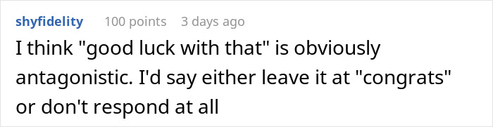 Comment discussing response options to pregnancy news.