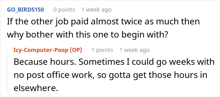 Reddit comments discussing job choices and hours related to being fired without notice.