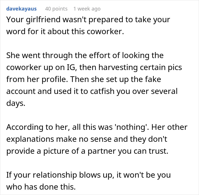 Text on a social media post discussing a girlfriend testing a boyfriend's loyalty using a fake Instagram account.