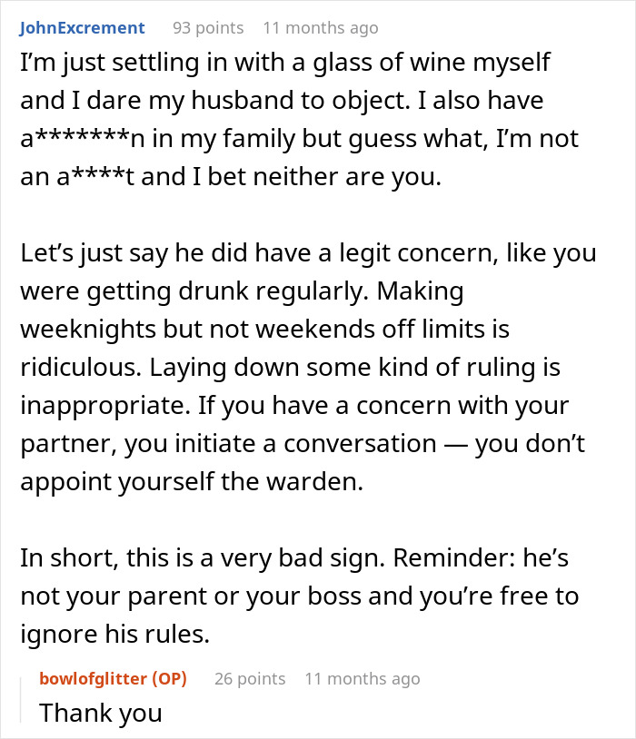 Reddit post discussing a boyfriend's refusal to get wine due to girlfriend's family alcoholism history, prompting debate.
