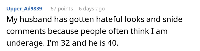 Reddit comment discussing perceptions of age and related judgments toward the user's husband.