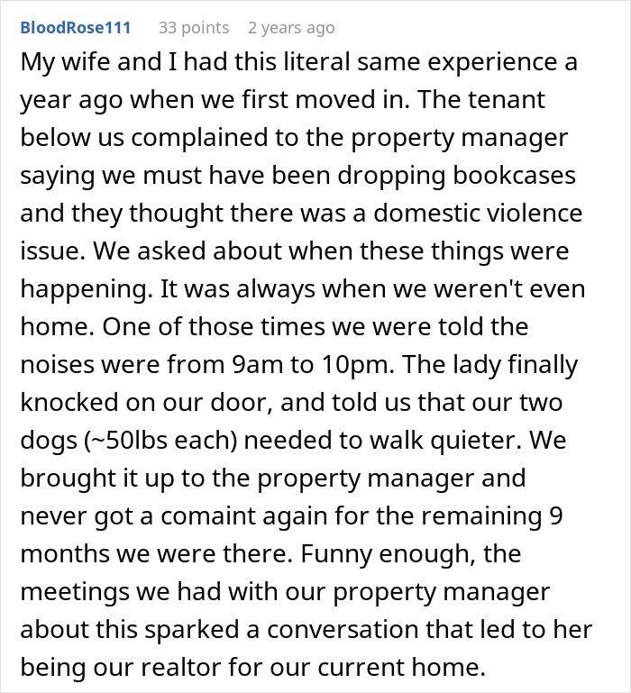 Text recounts a woman's experience with neighbors complaining about noise and asking to walk quietly.