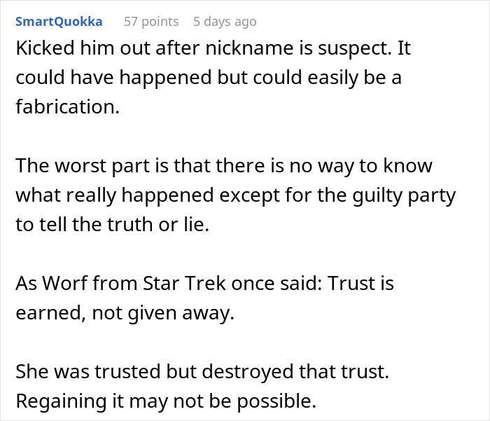 Reddit comment discussing trust issues, including a quote from Star Trek about trust being earned, not given away.