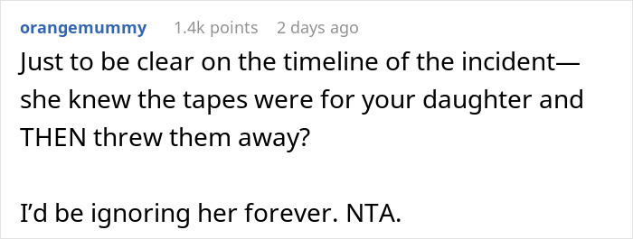 Reddit comment discussing a man&rsquo;s plan to surprise his daughter with tapes of her late mother, questioning new wife's actions.