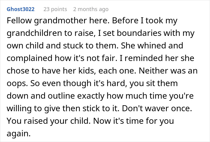 Comment from a grandmother about setting boundaries with son’s girlfriend regarding childcare and maintaining personal time. Comment from a grandmother about setting boundaries with son’s girlfriend regarding childcare and maintaining personal time.