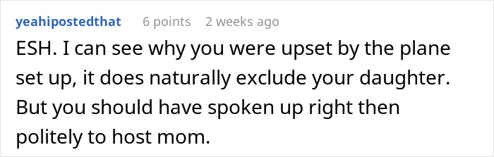 Comment about a mom upset over birthday party setup excluding daughter.