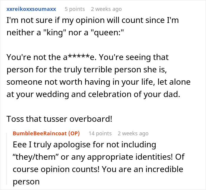 Reddit comments discussing a best friend's engagement request at a wedding.