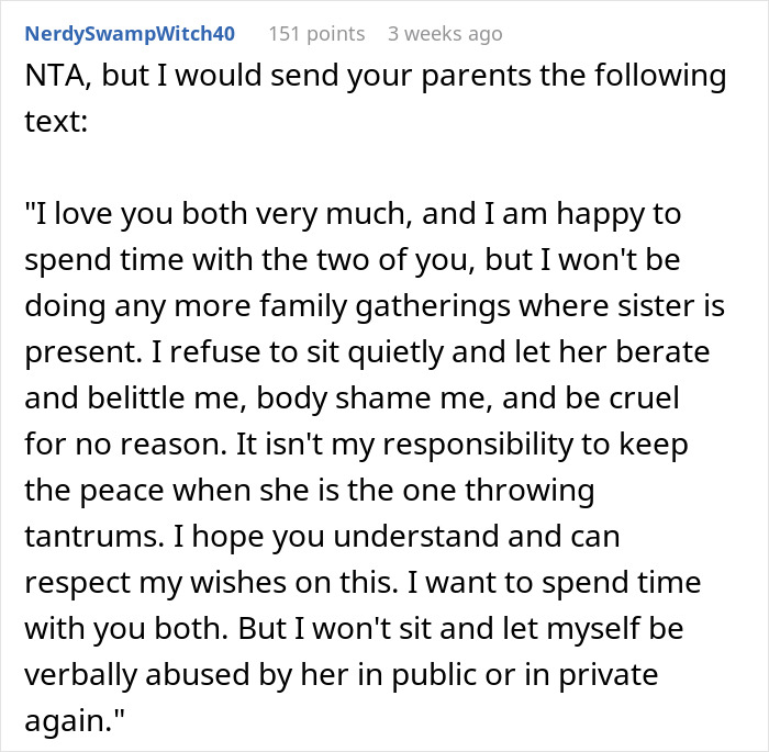 Text message about refusing family gatherings due to a sister's body shaming and verbal abuse. Text message about refusing family gatherings due to a sister's body shaming and verbal abuse.