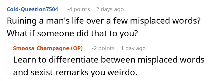 Discussion on consequences of recording sexist remarks, with users debating the impact of actions.