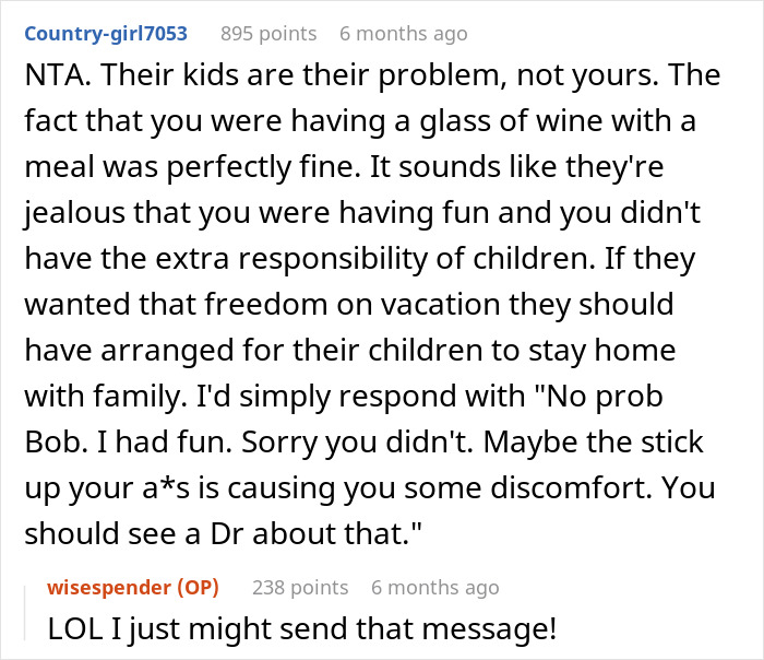 Child-free woman defended in comments for enjoying vacation while friends express jealousy and criticism.