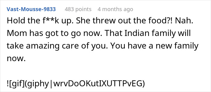 Reddit comment expressing shock about mom discarding homemade Indian food gifted by a neighbor.