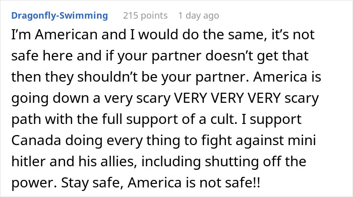 Comment discussing U.S. safety concerns and support for Canada's stance on tariffs and statehood jokes.