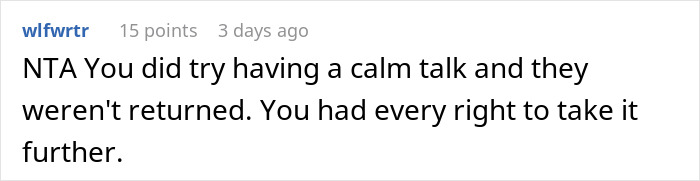 Comment text in a Reddit thread where an aunt flips the script on a sticky-fingers niece by keeping her toys until trinkets are returned.