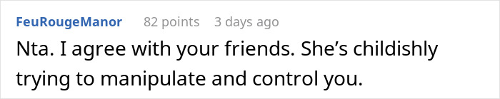 Reddit comment on AITAH post, supporting refusal to sleep on the couch, mentions manipulation.