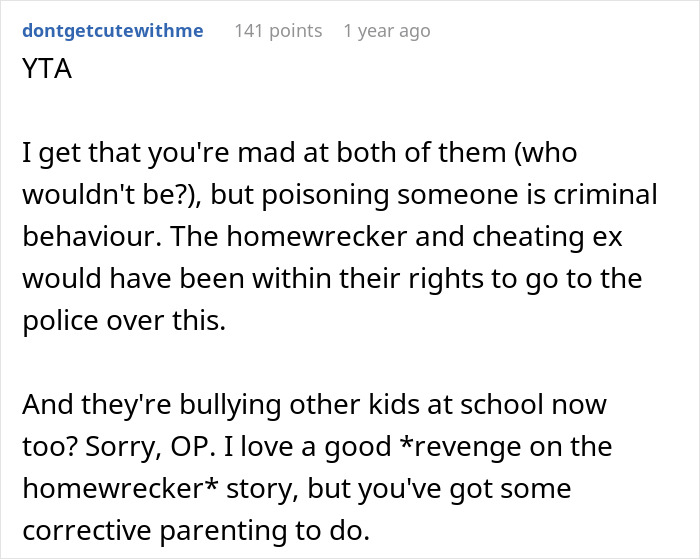 Reddit comment discussing revenge on dad's mistress, calling poisoning criminal behavior.