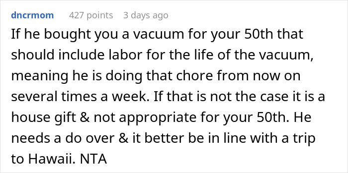 Comment discussing a husband gifting a vacuum to his wife, suggesting it's not appropriate without ongoing labor assistance.