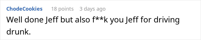 Comment on lost licence, highlighting mixed feelings about Jeff's driving incident.