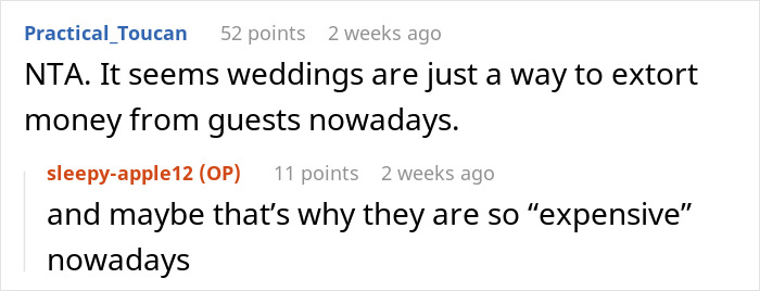 Reddit comments on bridesmaid fee causing a woman to back out of her sister's wedding.