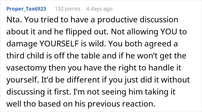 Comment discussing sterilization and relationship disagreement.