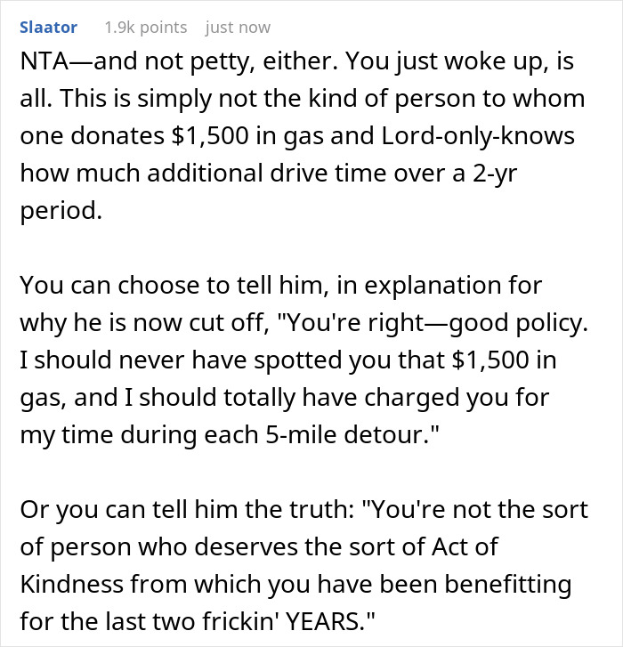 Text conversation about coworker being cut off after two years of free rides.