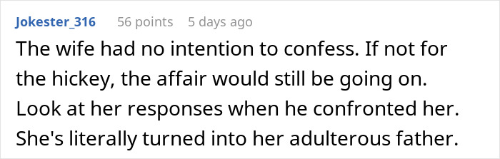 Comment discussing a hickey leading to suspicions after a work retreat, questioning the wife's affair and her responses.