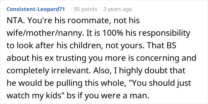 Comment discussing the responsibility of parenting and the unfairness of a roommate's expectations.