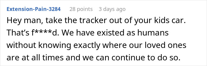 Comment advising against tracking loved ones, referring to secret monitoring concerns.