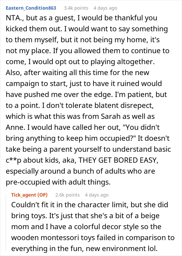 Reddit discussion about a D&D night ruined by an unexpected toddler, featuring comments and opinions. Reddit discussion about a D&D night ruined by an unexpected toddler, featuring comments and opinions.