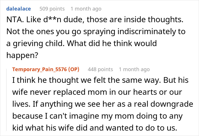 Reddit comments discussing if OP was wrong for telling dad not to pretend honoring mom's passing anniversary. Reddit comments discussing if OP was wrong for telling dad not to pretend honoring mom's passing anniversary.