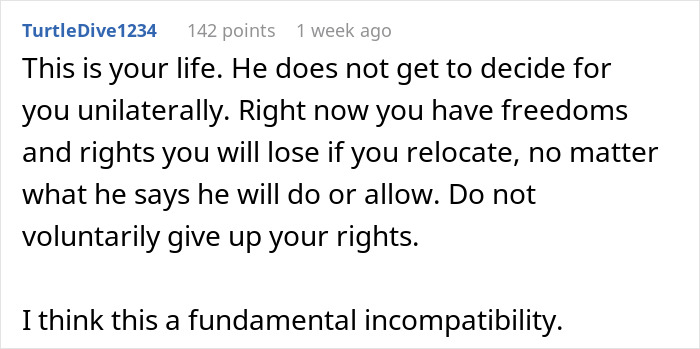 Reddit comment on marital disagreement over relocating to India, highlighting freedom and rights.