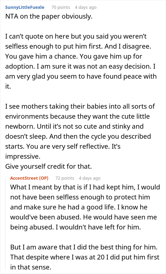 Reddit users discuss adoption decisions and selflessness in a comment thread.