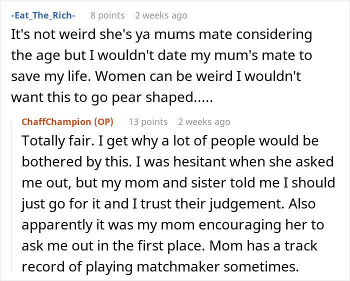 Reddit users discuss concerns about a man's new relationship with his mom's friend. Reddit users discuss concerns about a man's new relationship with his mom's friend.
