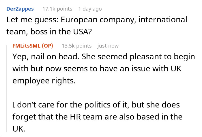 Text exchange discussing European employee and UK rights with an American boss.