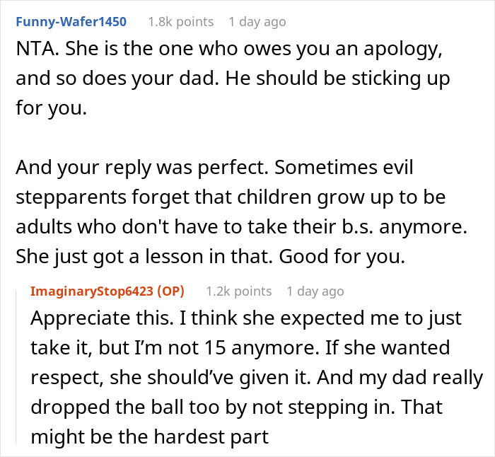 Reddit conversation about step-mom lesson, featuring comments on parental roles and respect boundaries.
