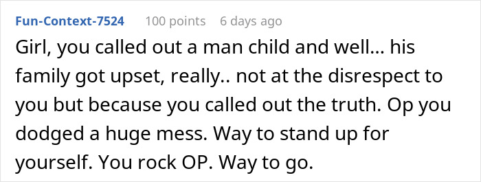 Comment acknowledging a breakup with a manchild after a prank went too far, praising the decision.