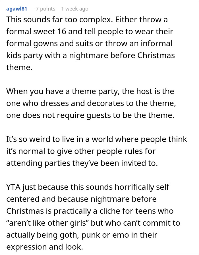 Comment discussing Sweet 16 party rules, theme choices, and guest attire suggestions.