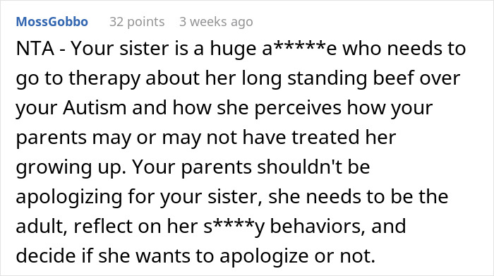 Comment about sister's controlling behavior at dinner. Comment about sister's controlling behavior at dinner.