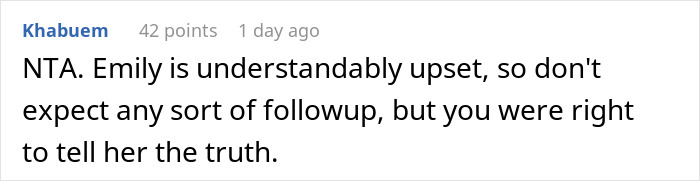 Reddit comment discussion on dating a neighbor's husband, mentioning honesty and emotional upset.