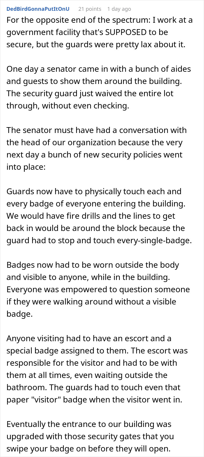 Text describing a worker's experience with new security rules after a senator's visit.