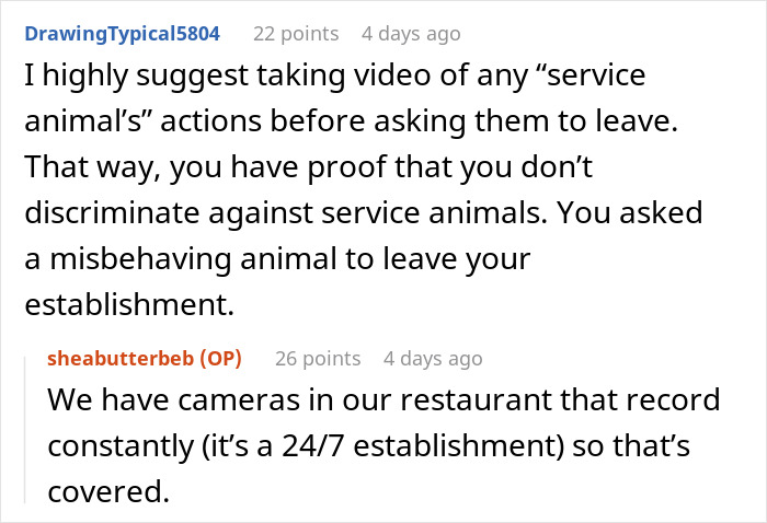 Discussion on handling fake service dogs in establishments, emphasizing video proof and 24/7 camera use for evidence.