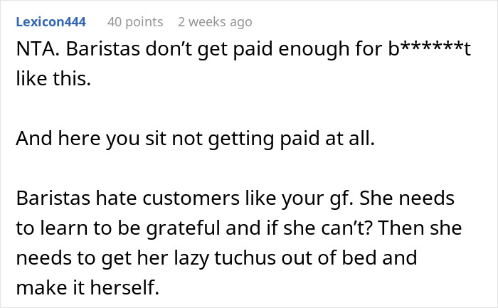 A comment discussing a boyfriend making coffee daily, calling the girlfriend lazy for not appreciating it. A comment discussing a boyfriend making coffee daily, calling the girlfriend lazy for not appreciating it.