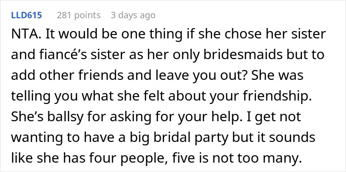Text response discussing friendship dynamics and bridesmaid selection at a wedding. Text response discussing friendship dynamics and bridesmaid selection at a wedding.
